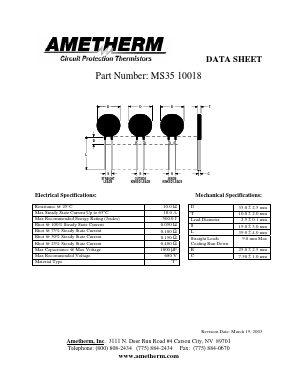 MS3510018 Datasheet PDF AMETHERM Circuit Protection Thermistors