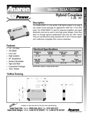 S03A1500W1 Datasheet PDF Anaren Microwave