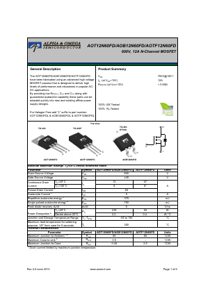 AOB12N60FDL Datasheet PDF Alpha and Omega Semiconductor