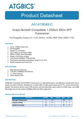 AA1419048-C Datasheet PDF ATGBICS by Approved Technology