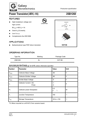 2SB1260 Datasheet PDF Galaxy Semi-Conductor