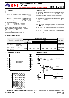 BS616LV1611TIP70 Datasheet PDF Brilliance Semiconductor