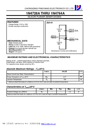 1N4730A Datasheet PDF CHONGQING PINGYANG ELECTRONICS CO.,LTD