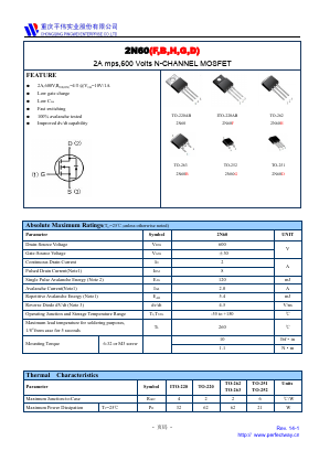 2N60F Datasheet PDF CHONGQING PINGYANG ELECTRONICS CO.,LTD