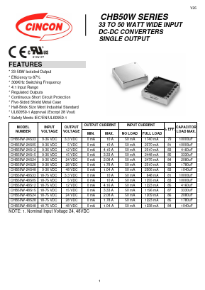 CHB50W-48S24 Datasheet PDF CINCON ELECTRONICS Corporation