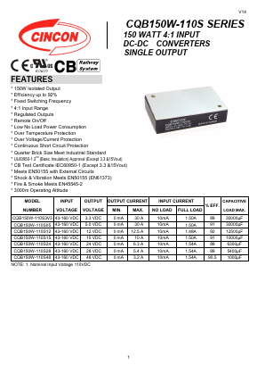CQB150W-110S3V3 Datasheet PDF CINCON ELECTRONICS Corporation