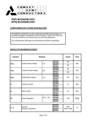 MJ2501 Datasheet PDF Comset Semiconductors