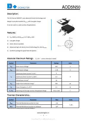 AOD5N50 Datasheet PDF SHENZHEN DOINGTER SEMICONDUCTOR CO., LTD.