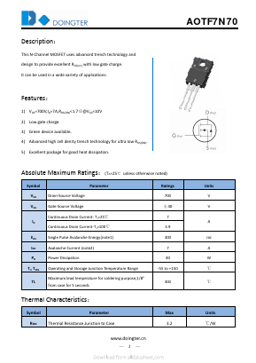 AOTF7N70 Datasheet PDF SHENZHEN DOINGTER SEMICONDUCTOR CO., LTD.