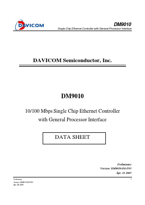 DM9010 Datasheet PDF Davicom Semiconductor, Inc.