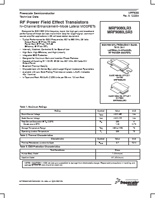 MRF9080LR3 Datasheet PDF Freescale Semiconductor