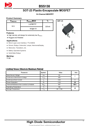 BSS138 Datasheet PDF Jiangsu High diode Semiconductor Co., Ltd
