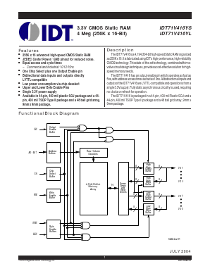 IDT71V416YL10PHGI Datasheet PDF Integrated Device Technology