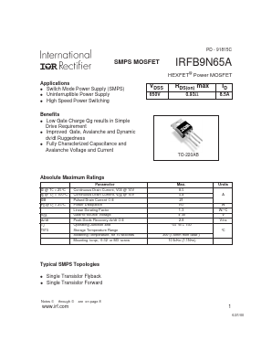 IRFB9N65A Datasheet PDF International Rectifier