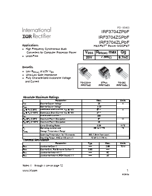 IRF3704ZSLPBF Datasheet PDF International Rectifier