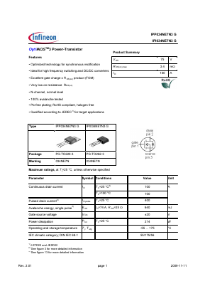 IPP034NE7N3G Datasheet PDF Infineon Technologies