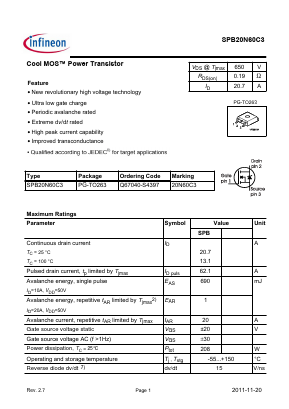 20N60C3 Datasheet PDF Infineon Technologies