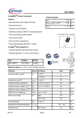 SPA11N80C3 Datasheet PDF Infineon Technologies