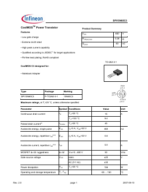 SPI15N65C3XKSA1 Datasheet PDF Infineon Technologies