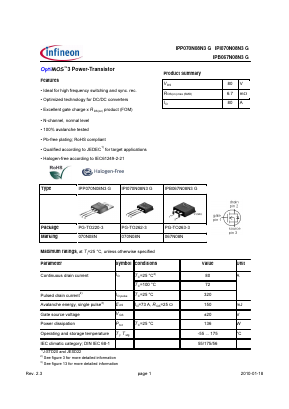 IPI070N08N3G Datasheet PDF Infineon Technologies