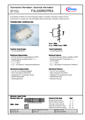 F3L200R07PE4 Datasheet PDF Infineon Technologies