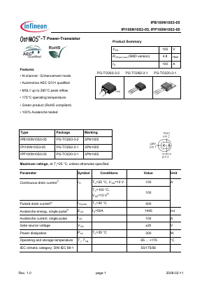 IPP100N10S3-05 Datasheet PDF Infineon Technologies