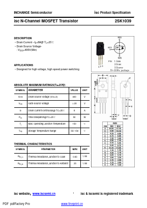 2SK1039 Datasheet PDF Inchange Semiconductor