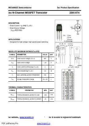 2SK1074 Datasheet PDF Inchange Semiconductor