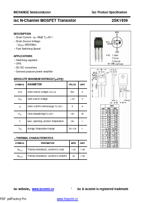 2SK1939 Datasheet PDF Inchange Semiconductor