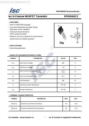 SPI20N60C3 Datasheet PDF Inchange Semiconductor