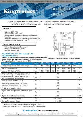 GBU808 Datasheet PDF Kingtronics International Company