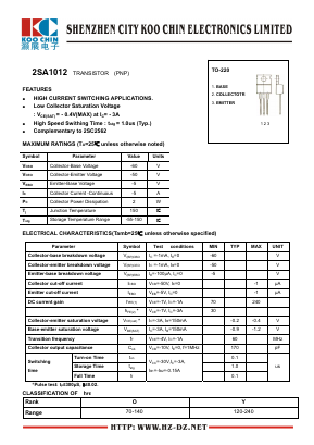 A1012 Datasheet PDF SHENZHEN KOO CHIN ELECTRONICS CO., LTD.