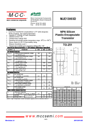 MJE13003D-BP Datasheet PDF Micro Commercial Components