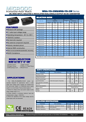 WRA1212YD-2W Datasheet PDF Microdc power Technology Co., Ltd
