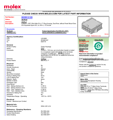 39-01-3109 Datasheet PDF Molex Connectors
