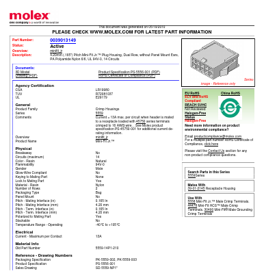 39-01-3149 Datasheet PDF Molex Connectors
