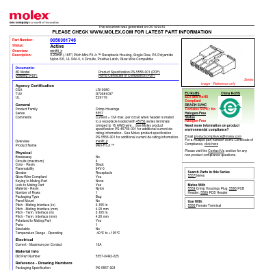 0050361746 Datasheet PDF Molex Connectors