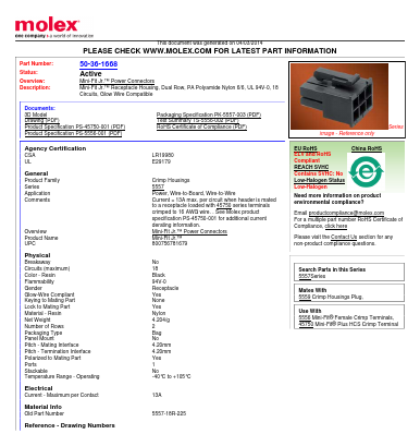 0050361668 Datasheet PDF Molex Connectors