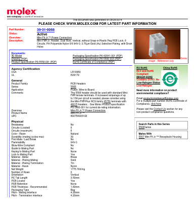 39-31-0068 Datasheet PDF Molex Connectors