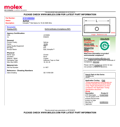 0191890004 Datasheet PDF Molex Connectors
