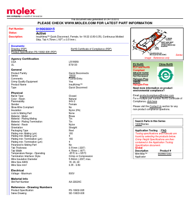 0190030015 Datasheet PDF Molex Connectors