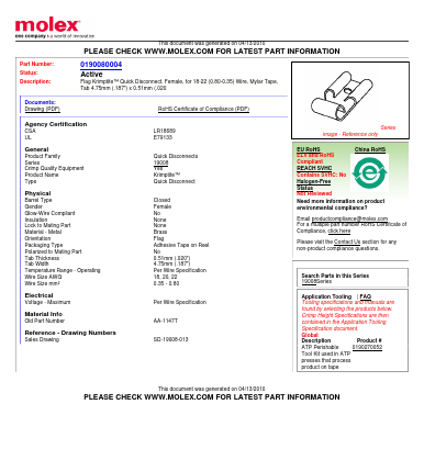 0190080004 Datasheet PDF Molex Connectors