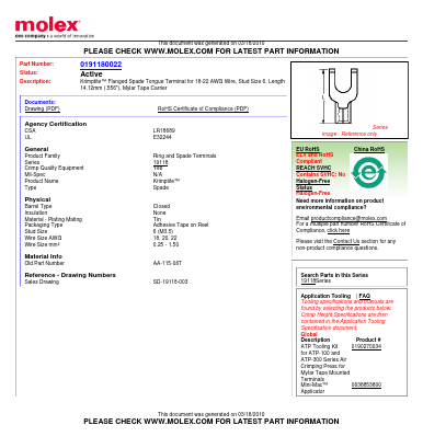 0191180022 Datasheet PDF Molex Connectors