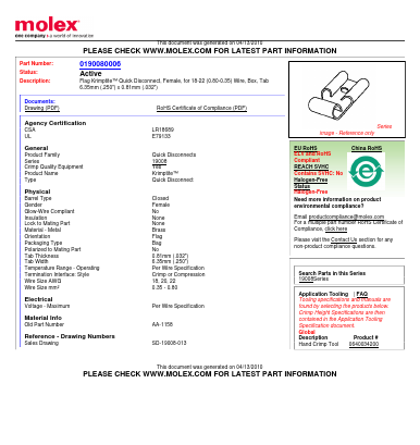 0190080006 Datasheet PDF Molex Connectors