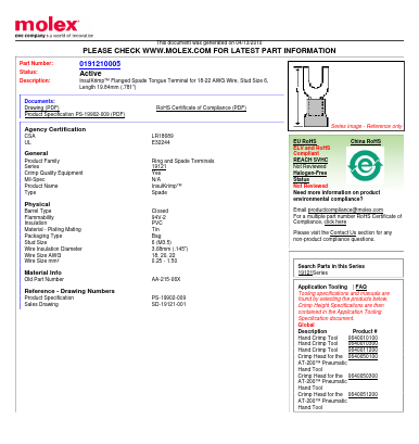 0191210005 Datasheet PDF Molex Connectors