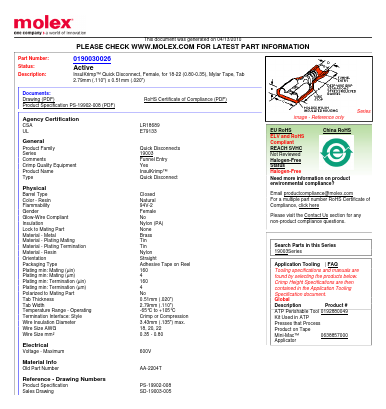 0190030026 Datasheet PDF Molex Connectors