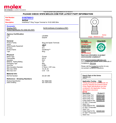 0190700013 Datasheet PDF Molex Connectors