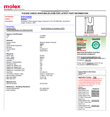 0191310038 Datasheet PDF Molex Connectors