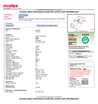 0190190004 Datasheet PDF Molex Connectors