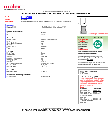 0191270012 Datasheet PDF Molex Connectors